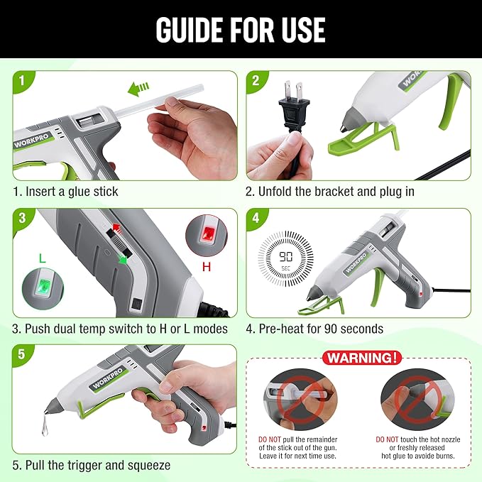 WORKPRO Hot Glue Gun Full Size - 60/100W Dual Temp Glue Gun and Sticks Set with 10 PCS Glue Sticks (7/16") - 90S Fast Preheating Hot Glue Gun Kit for Construction, Crafting, DIY and Repairs - White