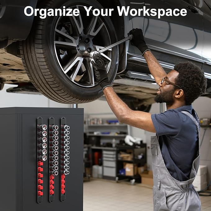 FivePears 3PCS 360째 Socket Organizer Twist Lock,3/8 1/4 1/2 Socket Storage Rails, Premium Quality Socket Holders for Tool Box 竊똖ool Carts竊똂ontains up to 40 Clips (Blue, Red and Black)