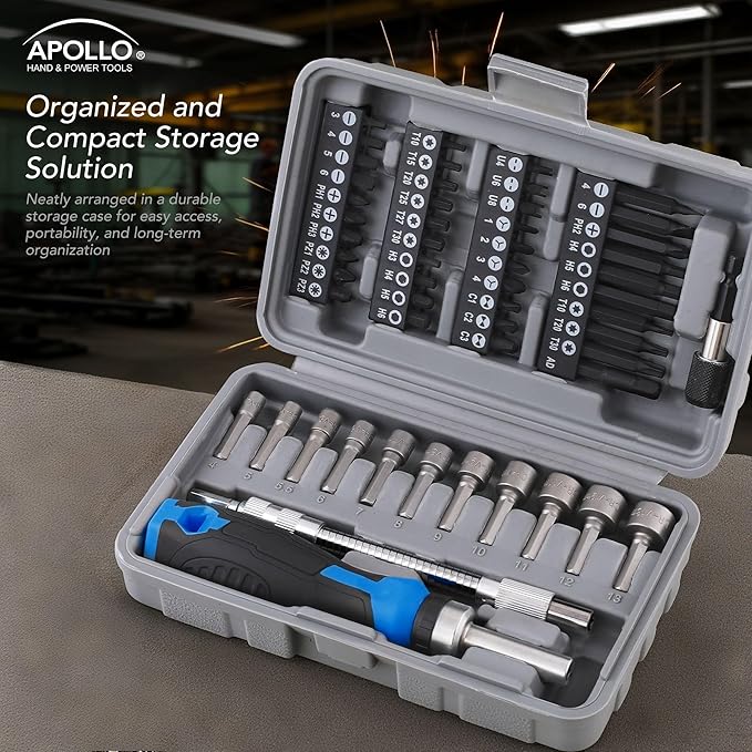 Apollo Tools 54-Piece Screwdriver & Nut Driver Bit Set ??Ratcheting Handle, Flexible Extension, Metric Nut Drivers, Specialty Bits for Household, Automotive, & Appliance Repairs, Blue/Gray DT9025