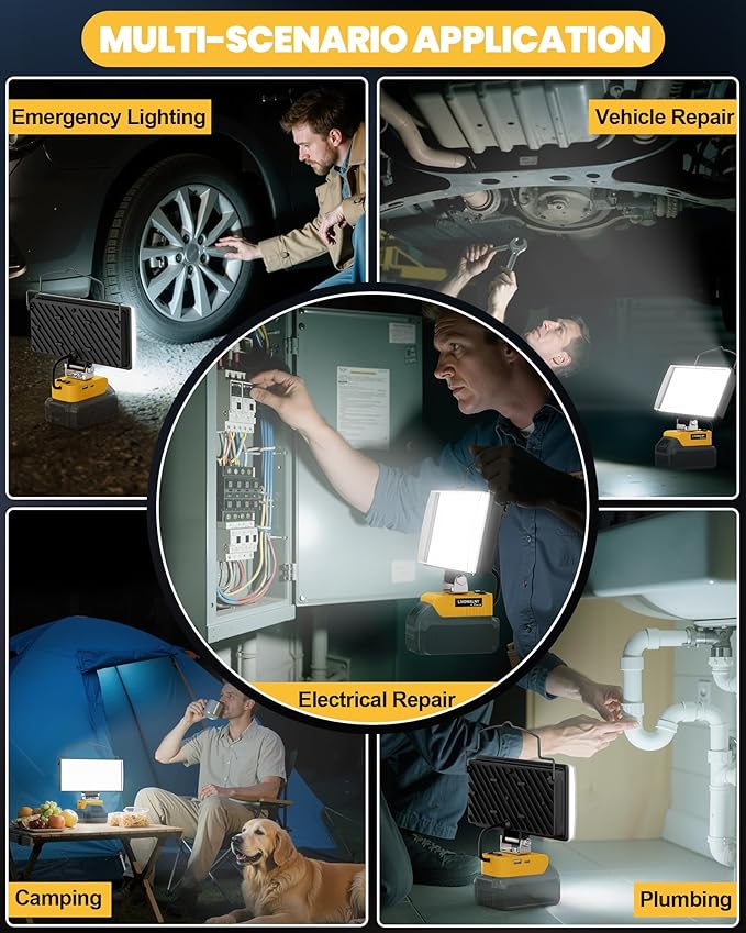 LIVOWALNY LED Work Light Compatible with Dewalt, 100W 10000LM 7" Flood Battery Light, Cordless LED Flashlights with USB & Type-C & Low Voltage Protection & 140째 Pivoting Head for Emergency & Job Site