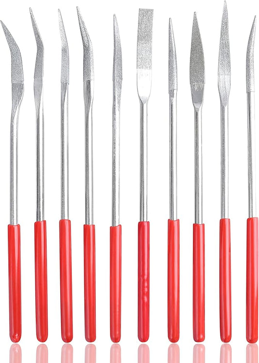 YAKAMOZ 10PCS Curved Mini Diamond Needle File Set Bent Small Metal Riffler Files Hand Tools for Glass Wood Stone Jewelry - Round Triangular Square Flat Shape 3x140mm