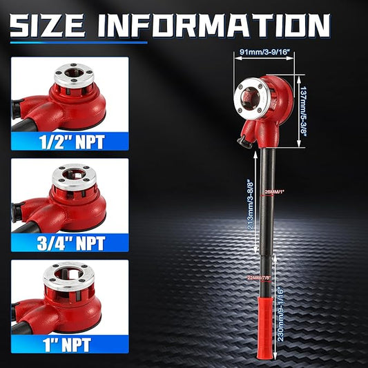 Pipe Threader Ratchet Kit竊?Manual Ratcheting Pipe Threading Tool Set with 3 NPT Dies 1/2" NPT, 3/4" NPT, 1" NPT,Portable Cast Iron Pipe Threading Set for Galvanized Aluminum Iron Copper PVC Pipes