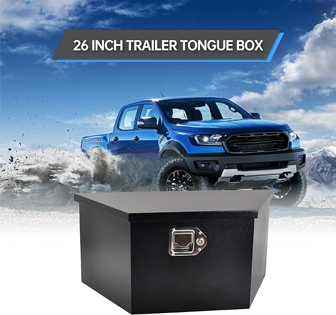 26’’ Trailer Tongue Tool Box, Steel Tool Storage Box for Trailer Tongue, Suitable for Truck, Trailer, Rv(26"*13.3"*12"-Black)