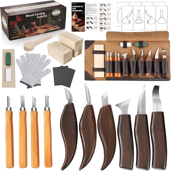 Wood Carving Kit for Beginners ??25pcs Whittling Knife Kit Wood Carving Tools with PU Leather Storage Bag, 10 Carving Knives, 6 Templates & Basswood for DIY Crafts