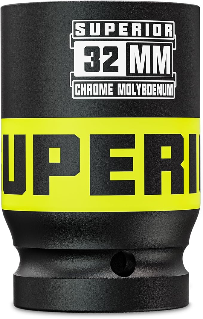 1" Drive Impact Socket, 32 mm Deep Socket, Metric Axle Nut Socket, 6 Point, CR-MO, Automotive, Truck Maintenance, Heavy Equipment Repair