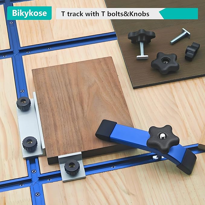 2 pack 24" T-Track with 20pcs T-Track Knob Kit for Woodworking with Screws, Aluminum Alloy Woodworking Tools Double Cut Profile Universal T-Tracks with Predrilled Mounting Holes anodized blue