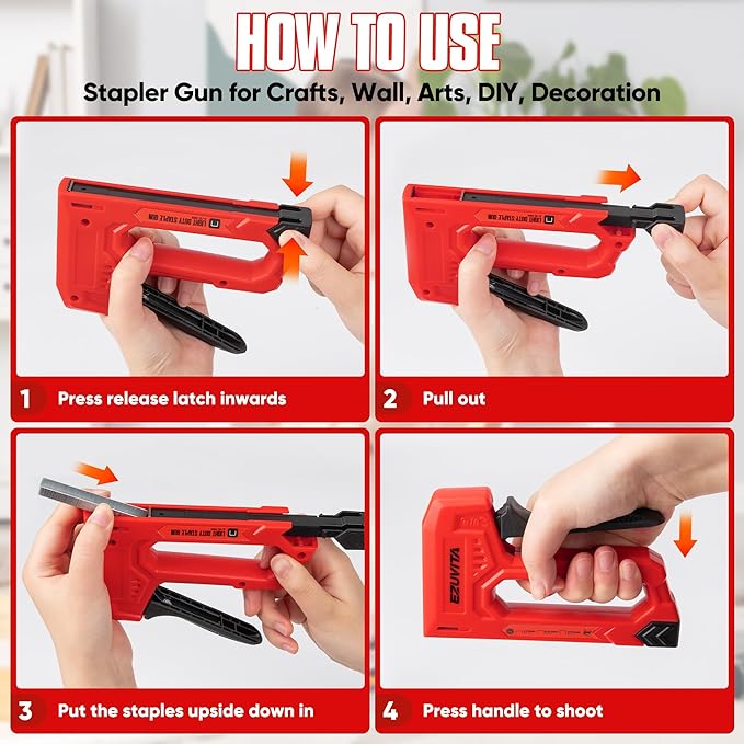 EZUVITA Light Duty Staple Gun for Wood, Red Upholstery Staple Gun Kit with 2000pcs JT21 Staples 1/4, 5/16, 3/8 inch and Staple Remover, Stapler Gun for Crafts, DIY, Classroom, Decoration
