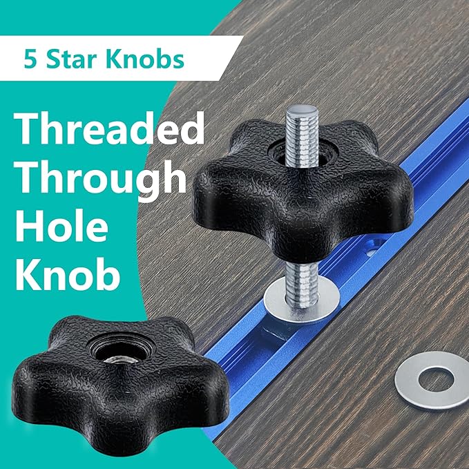 2 pack 36" T-Track with 20pcs T-Track Knob Kit for Woodworking with Screws, Aluminum Alloy Woodworking Tools Double Cut Profile Universal T-Tracks with Predrilled Mounting Holes anodized blue