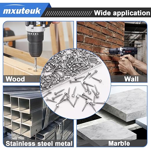 mxuteuk #8횞1" Self Tapping Screws,410 Stainless Steel Self Tapping Screws for Metal,Self Drilling Screws,Hex Washer Head Sheet Metal Screws Suitable for Wood, Metal or Tough Materials(170PCS)
