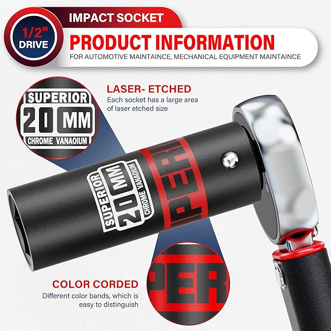 1/2" Drive Impact Socket, 20 mm Deep Socket, Metric, 6 Point, CR-V, for Automotive Maintaince, Mechanical Equipment Maintaince