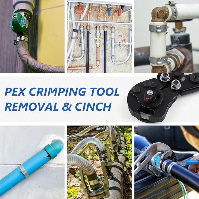 2 IN 1 Ratchet PEX Crimping Tool Cinch and Remove Dual Function Ergonomic Handle for PEX Pipe and Pinch Crimping Suitable for 3/8" to 1" Stainless Steel Clamps