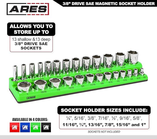 ARES 60007-26-Piece 3/8 in SAE Magnetic Socket Organizer -GREEN -Holds 13 Standard (Shallow) and 13 Deep Sockets -Perfect for your Tool Box -Also Available in RED