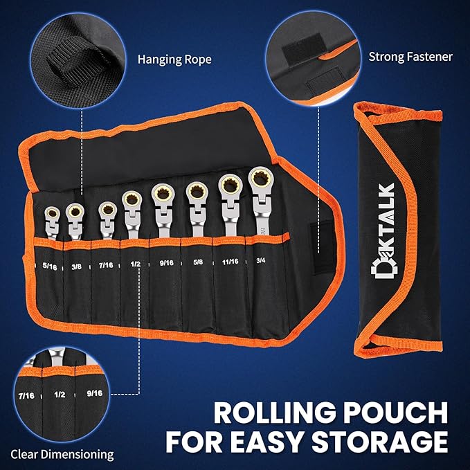 DikTalk 8PCS Flex Head Ratcheting Wrench Set, SAE 1/4"-3/4", 72-Tooth CR-V Steel with Rolling Pouch for Automotive Repair & Mechanics