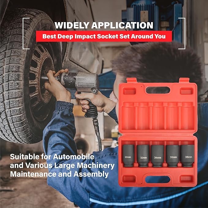 12 Point Deep Impact Socket Set 1/2??Drive 30mm, 32mm, 34mm, 35mm, 36mm, 5Pcs CR-MO Spindle Metric Axle Hub Nut Socket with Heavy Duty Portable Storage Case for Removing & Installing Axle Nuts