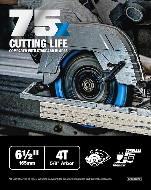 CRALY 6-1/2 Inch 4 Teeth Hardie Fiber Cement Circular Saw Blade, 5/8 Inch Arbor, Polycrystalline Diamond Tipped (PCD), Thin Kerf, Black Ice??Coating, for Laminate Flooring(C0604FC)