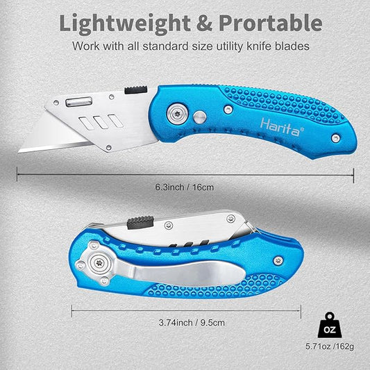 Harita Folding Utility Knife Box Cutter Quick Change Blades, Back-lock Mechanism, Portable Belt Clip, with 5-piece Extra Blades, Blue