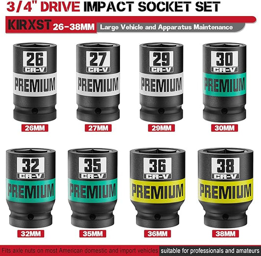 8 Piece 3/4" Drive Impact Socket Set, Metric Axle Nut Sockets, 26-38mm Thicker Jumbo Sockets, Socket Set, 6 Point, Cr-V, Vehicle and Apparatus Maintenance