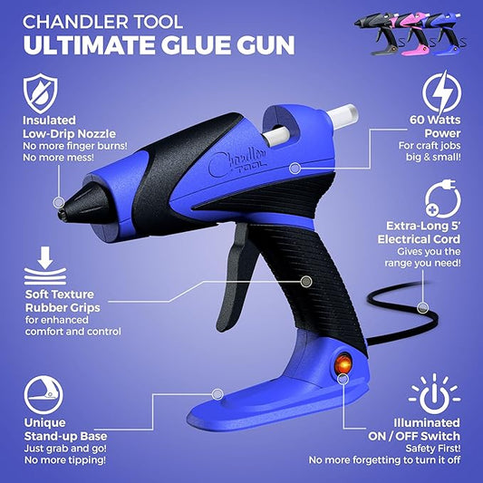 Chandler Tool Full Size Hot Glue Gun And Sticks Set for Crafts and DIY Pistola De Silicona Caliente Inalambrica Complete Heavy Duty Hot Glue Gun Kit With 10 Jumbo Glue Sticks (Blue/Black)