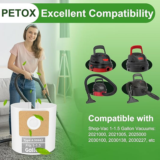 5 Pack Vacuum Bags Replacement for Shop Vac Bags 1-1.5 Gallon Type A 90667 9066700 9066733, PETOX High-Efficiency Disposable Vaccum Collection Filter Bags