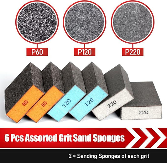 BOSHCRFAT 6 Pack Sanding Sponge, Washable and Reusable Sanding Block for Wood Drywall Metal Glasses Coarse/Medium/Fine/Superfine in 60/120/220 Grit Sandpaper Block