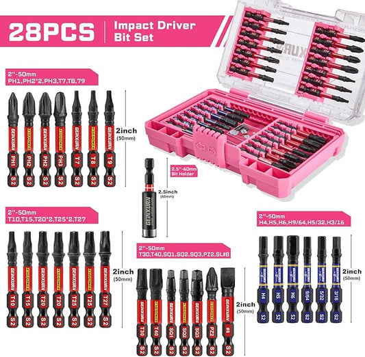 28Pieces Impact Screwdriver Bits Set, Magnetic S2 Steel Phillips/Slotted/Square/Torx Insert Power Bits Tips, Impact Bit Holder with Pink Storage Box Case