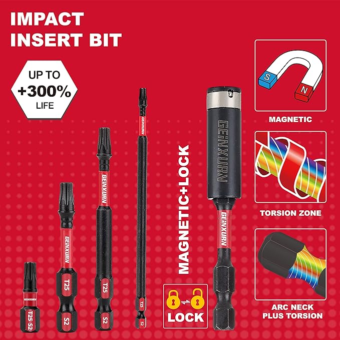 T25 mpact Tough Magnetic #25 Torx Head Power Bits, 7Pieces S2 Alloy Steel T25 Screwdriver Power Bits with 1Pcs Impact Magnetic Drive Guide