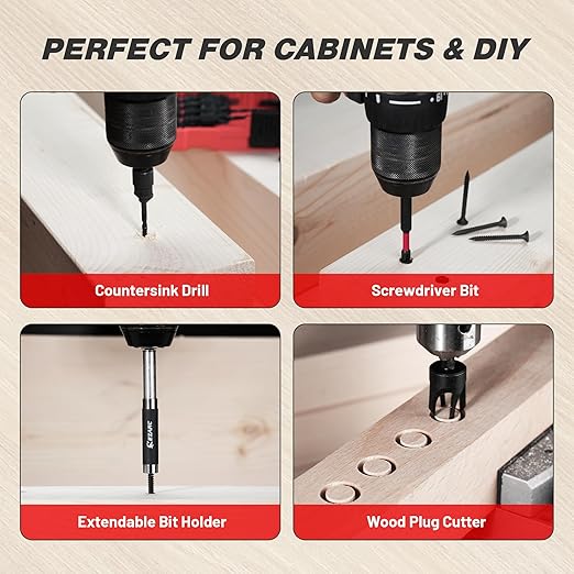 EZARC Countersink Drill Bit Set, 22 PCS Counter Sink Drill Bit with 2 Wood Plug Cutters, Magnetic Extension Bit Holder, Screwdriver Bits, 1/4" Hex Shank for Woodworking with Storage Box