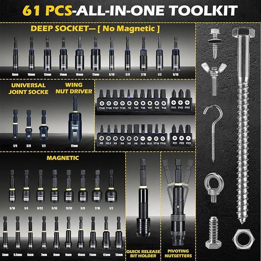 61PCS Impact Nut Driver Set - Magnetic Deep Nut Drivers for Drills Metric & SAE, Socket Adapters, Wing Nut Driver, 1/4'' Quick Change, Bit Extension, Pivoting Nutsetter, S2 Steel Bits, Upgraded Box