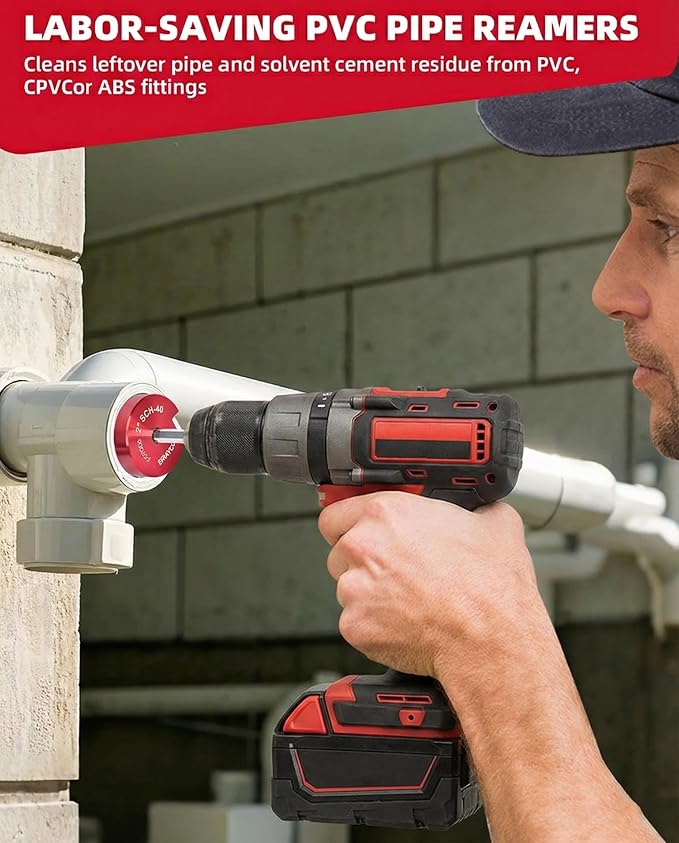 ERAYCO 4-Piece PVC Pipe Reamer Kit, Plastic Pipe Fitting Reamer Tool, Fit into Standard 1/2" Drills, PVC Fitting Saver for SCH40 PVC CPVC ABS Pipe (1-1/2'', 2'', 3'', 4'')