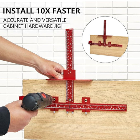 Cabinet Hardware Jig Punch Locator with Extended Ruler, Aluminum Alloy Cabinet Template Tool with Upgrade Box for Installation Handles Knob on Drawer Door Pulls (Red)
