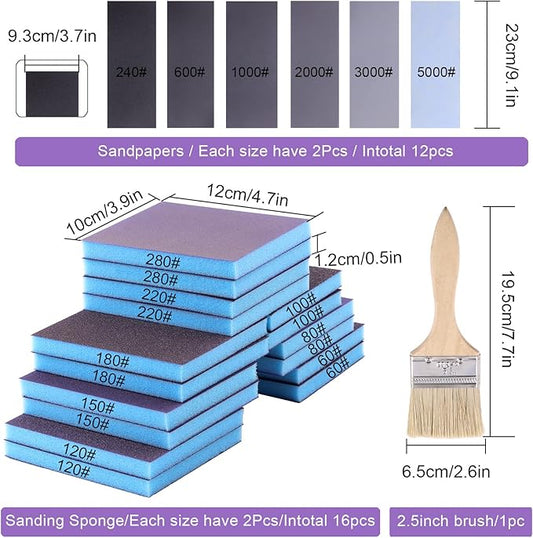 Swpeet 29Pcs 4.72 x 3.9 x 0.47 Inch 8 Sizes Blue #36-5000 Grit Ultra Fine Wet and Dry Sanding Sponge Sanding Blocks and 6 Sizes Sandpapers Sheets with Wooden Paint Brush Kit
