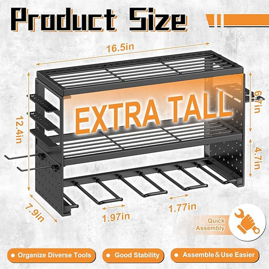 Power Tool Organizer Wall Mount, Heavy Duty 150Lbs Load Capacity with 4 Drill Holders,3 Layer Utility Shelf for Garage Storage and Workshop Organization(Black)
