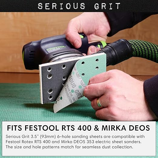 Serious Grit - 3" x 5" (80mm x 133mm) 14-Hole 150 Grit Sanding Sheets - Fits Festool RTS 400 & Mirka Deos 353 - Heavy-Duty Hook & Loop Film Abrasives - Sandpaper for Sheet Sanders - 50 Pack Box