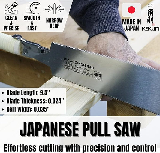 KAKURI Japanese Pull Saw 9.5" for Woodworking - Ryoba Double Edge Hand Saw with Blade Cover, Cane-Wrapped Handle, Tool-Free Blade Replacement - Made in Japan