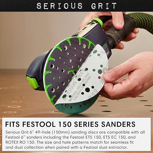 Serious Grit - 6-Inch 49-Hole 120 Grit Sanding Discs - Heavy-Duty Hook & Loop Film Discs - Sandpaper for Random Orbital Sanders - 50 Pack Box
