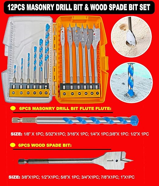 12Pcs Masonry Drill Bit and Wood Spade Drill Bit Drill Mason Stone Concrete Woodworking