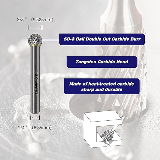 SD-3 Tungsten Carbide Burr Rotary File, Double Cut Ball Burs, 4pcs by LU&MN