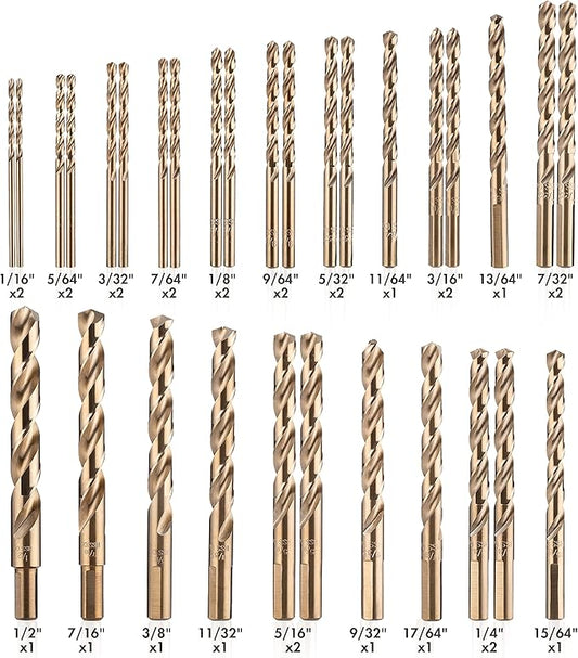 AMOOLO Cobalt Drill Bit Set 31Pcs (1/16"-1/2"), M35 High Speed Steel Metal Drill Bits Jobber Length for Hardened Metal, Stainless Steel, Cast Iron, Plastic and Wood