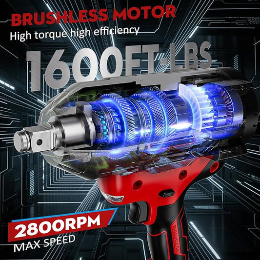 Cordless Impact Wrench 1600Ft-lbs - 2100N·m High Torque Impact Gun with 2 * 4.0Ah Battery - 3/4 Inch Brushless Impact Driver with 3/4" to 1/2" Adapter & 5 Sockets & Case for Car Truck Home
