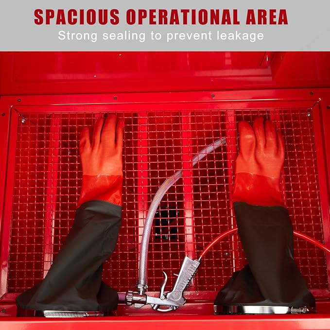 90 Gallon Sandblasting Cabinet,40-80PSI Sand Blasting Cabinet with Glass Viewing Windows/LED Light, Heavy Duty Sand Blaster with 4 Nozzles & Blasting Gun for Paint, Rust Removal Red