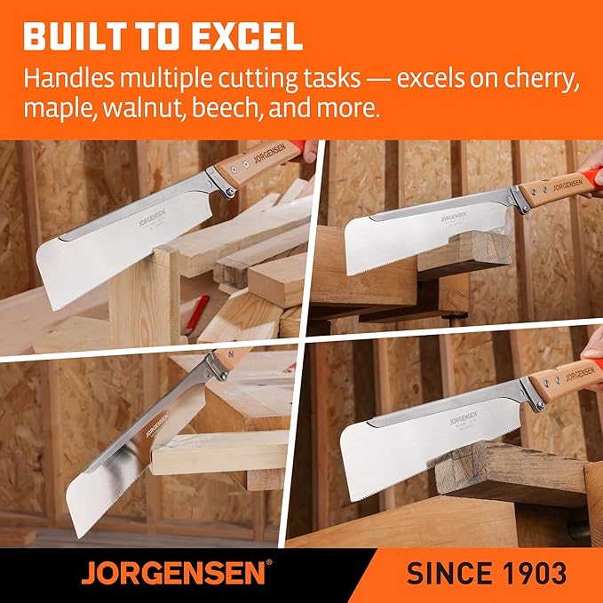 JORGENSEN Japanese Pull Saw, 9.5 Inch Pro Folding Dovetail Saw with Beech Wood Long handle, SK5 Steel Blade Tool-less Quick Change, 21TPI Cross Cut Woodworking Handsaw for Hardwood, Softwood