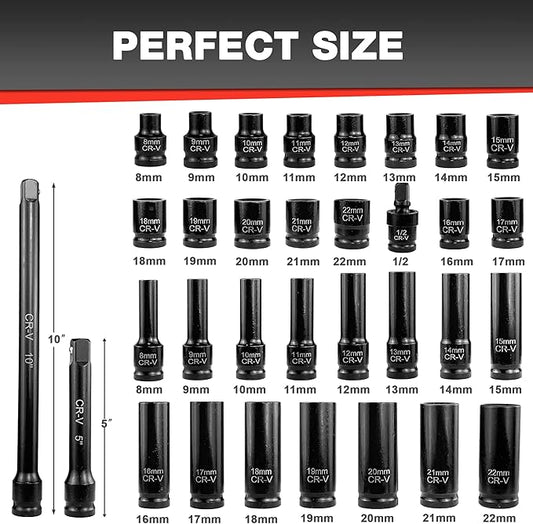 33pcs 1/2" Impact Socket Set (8-22mm), Metric Socket Set, Cr-V Steel, 6 Point Deep & Shallow Sockets, with 5" 10" Extension Bars and 1/2" Universal Joint