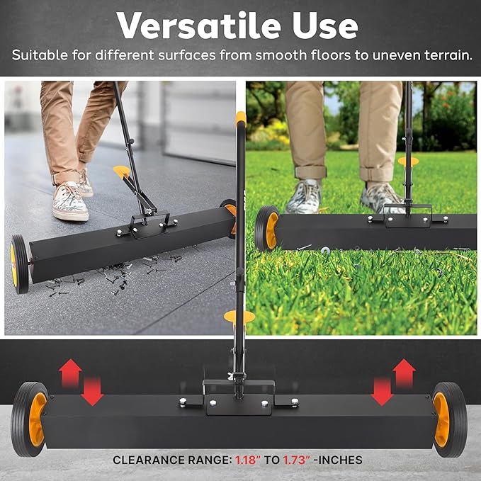 Pyle 36" Rolling Magnetic Sweeper with Adjustable Handle - Strong and Durable Metal Construction Heavy-Duty Cleaning/Metal Pickup for Industrial and Commercial Use (Black and Orange)