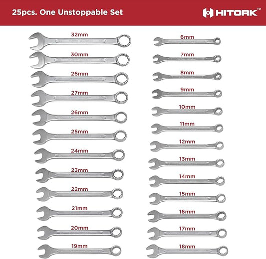 HITORK 25 Piece Metric Wrench Set (6-32 mm) CrV Steel Matt Finish with Polished Head 12 Point Box End 15째 Offset Roll Up Pouch Durable Combination Wrench Set for Home, Garage & Auto Repair