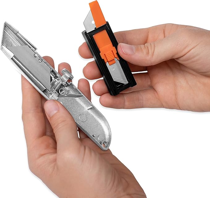 Internet's Best Classic Utility Knife - Set of 20 - Retractable Razor Knife Set - Extra Blade Refills - Box Cutter Locking Razor Knife - Full Metal Body - Silver