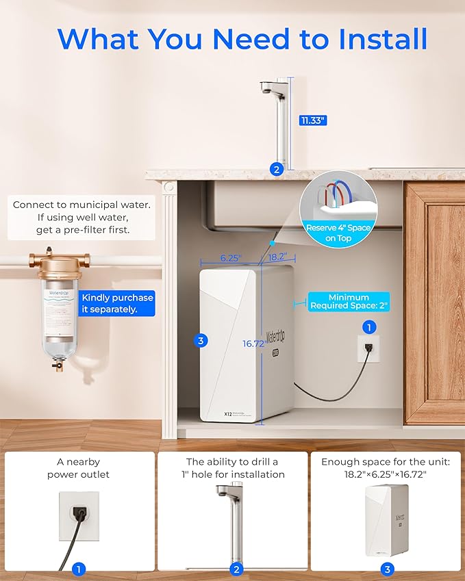 Waterdrop X12-Alkaline Mineral pH+ Reverse Osmosis System, NSF/ANSI 42&58&372 Certified, 1200 GPD RO Water Filter, 11-Stage Filtration Tankless RO System, 3:1 Pure to Drain, UnderSink, BPA Free