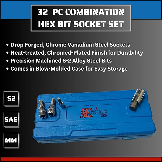ATE Pro. Tools - Master Hex Bit Socket Set, Allen Socket Set | 32 PC Socket Bit Set | SAE and Metric Socket Set | Premium S2 Alloy Steel | Cr-V Steel | 1/4'', 3/8?? 1/2'' Hex Drive Sockets
