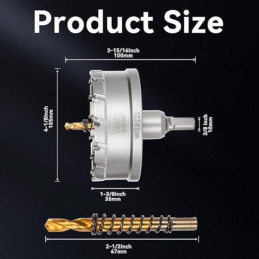 Hole Saw 3-3/8" (85mm) Heavy Duty Carbide with 2 Pilot Drill Bits - Metal Hole Cutter Cuts Stainless Steel, Iron, Copper, Brass, Plastic