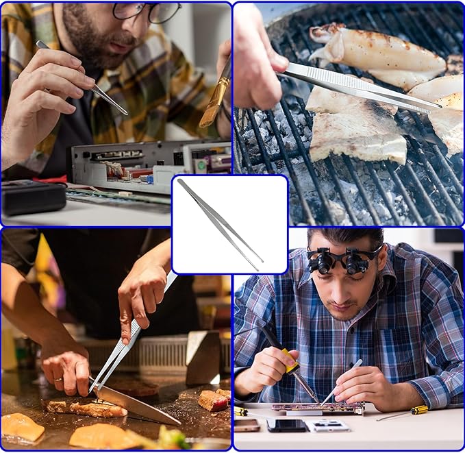 3Pcs Stainless Steel Tweezer Set (8" 10" 12"), Long Tweezers with Precision Serrated Straight Tips, Non-slip Multitool Tweezer for Cooking, Repairing, Medical, Garden