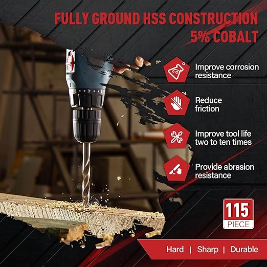 115Pcs Cobalt Drill Bits Set, M35 HSS 135째 Tip, Twist Jobber Length Drill Bit Kit for Hardened Metal, Stainless Steel, Cast Iron, Plastic and Wood with Indexed Storage Case, 1/16"-1/2"
